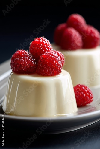 Creamy Panna Cotta Topped With Fresh Raspberries on a Dark Plate.