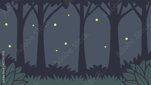Stylized illustration of a forest scene with fireflies glowing at dusk or night time
