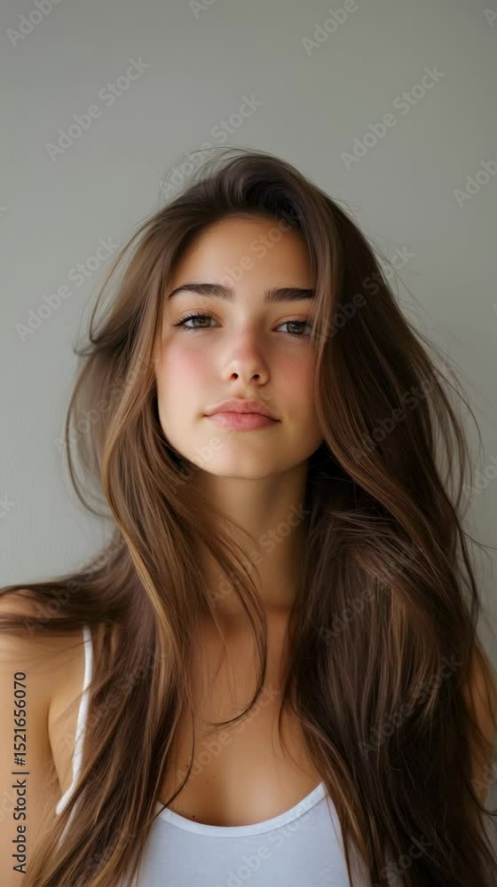 Smiling young woman with flowing brown hair wearing a white top against a neutral background, capturing natural beauty and a sense of serene elegance. Perfect for lifestyle and fashion themes. Smiling young woman with flowing brown hair wearing a white top against a neutral background, capturing natural beauty and a sense of serene elegance. Perfect for lifestyle and fashion themes.