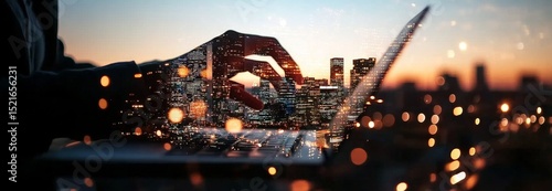 Hand Holding Laptop With Glowing Cityscape in Background During Sunset.