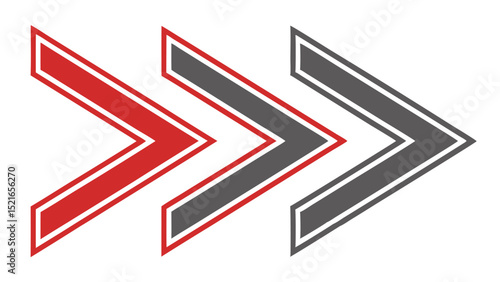 Three arrow progression design elements with red and gray colors on white background