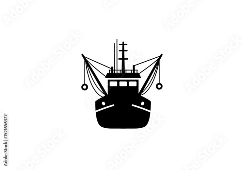 A simple black and white illustration of a fishing boat facing forward on a white background plain design