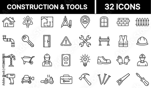 Construction and Tools Icon Representing Building Equipment and Repair Instruments