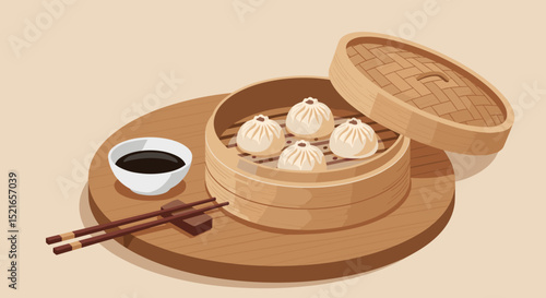 Steamed dumplings in bamboo steamer with dipping sauce and chopsticks  