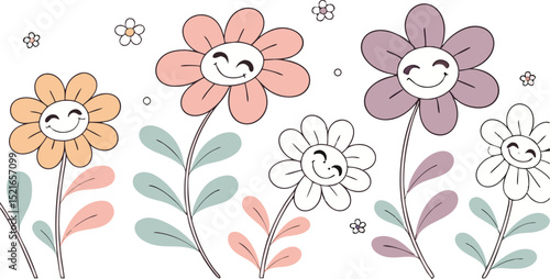 Groovy flower cartoon characters. Sticker pack in trendy retro trippy style. Funny happy daisy with eyes and smile. Isolated vector illustration. 