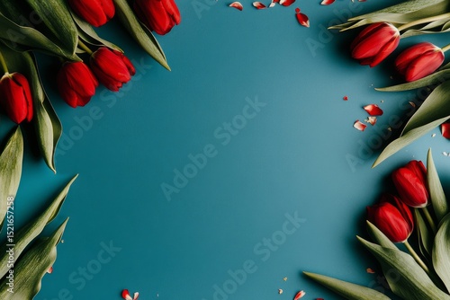 Vibrant Red Tulips With Green Leaves Arranged on a Blue Background for a Deco...