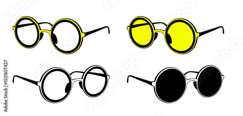 Round eyeglasses icon set, side view, clear and tinted lenses, colorful and black designs, fashion and eyewear concept