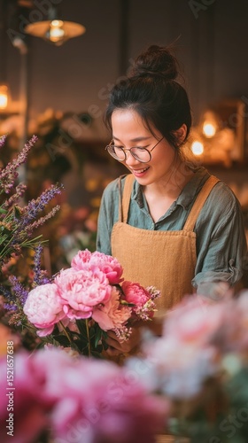 Florist Arranging Pink Peonies and Lavender in a Vibrant Flower Shop During L...