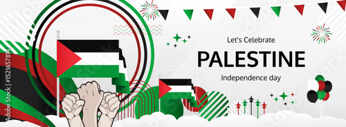 Palestine Independence Day modern greeting banner. 15 November Happy National Day. Festive horizontal background with flag colors, great for carnival poster, tourism campaign, celebrations holidays