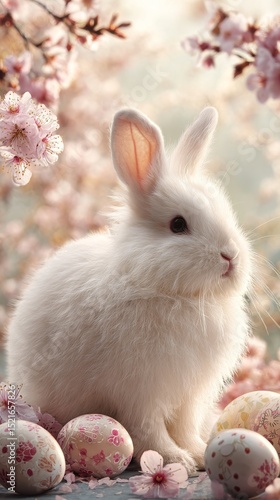 White Rabbit Surrounded by Pastel Eggs and Cherry Blossoms in a Serene Spring...