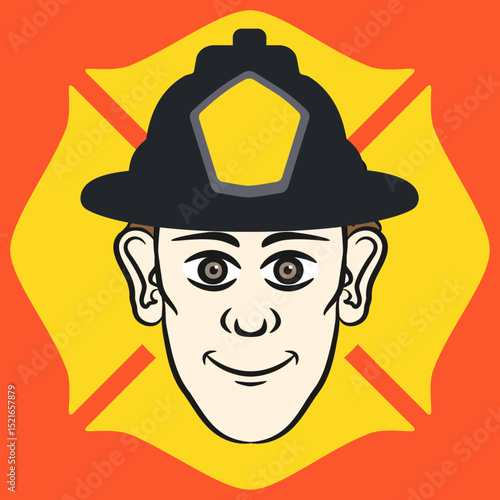 Vector illustration of a man wearing a firefighter's hat on a orange background.