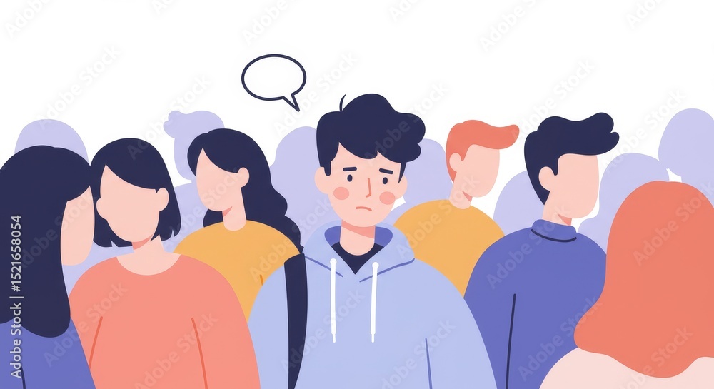 Obraz premium Confused teenager in crowd looking worried among other people 