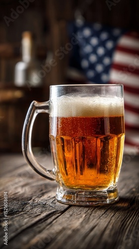 Golden Beer in a Glass Mug With American Flag Backdrop and Rustic Wooden Surf...