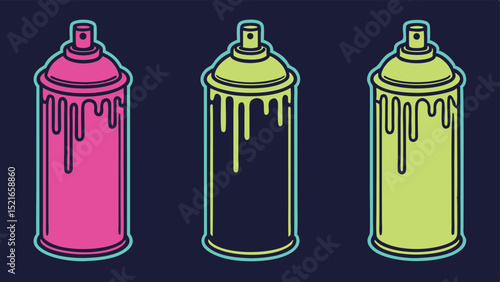 Vibrant spray paint can illustrations with dripping paint in pop art style