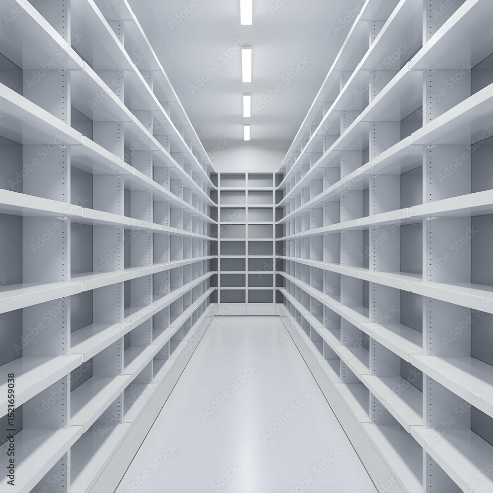 Obraz premium A high-resolution image of empty white metal shelves in a clean, minimalistic retail or medical storage space.