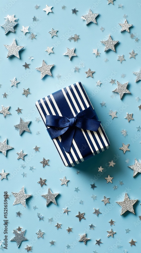 Obraz premium Gift Box Surrounded by Silver Stars on a Blue Background for Special Occasions