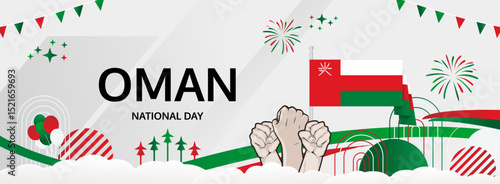 Oman National Day modern greeting banner. 18 November as Oman National Independence Day. Festive horizontal background with flag colors, great for carnival poster, celebrations, holidays flash sale