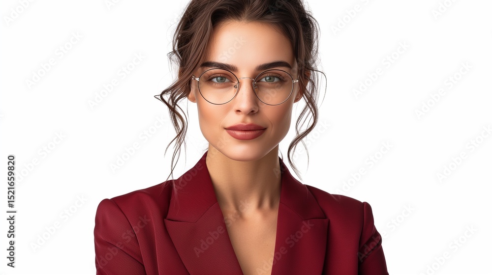 perfectly composed portrait of a businesswoman wearing glasses and a sleek maroon suit perfectly composed portrait of a businesswoman wearing glasses and a sleek maroon suit