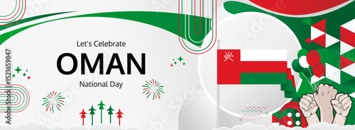 Oman National Day modern greeting banner. 18 November as Oman National Independence Day. Festive horizontal background with flag colors, great for carnival poster, celebrations, holidays flash sale