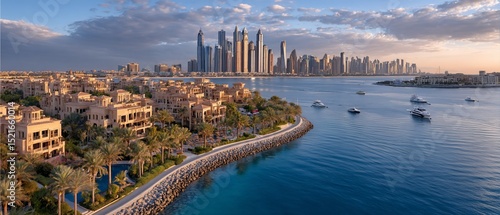 Dubai skyline glows behind beach villas