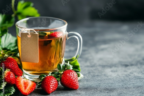 Refreshing Herbal Tea With Strawberries on a Stone Surface in a Cozy Kitchen