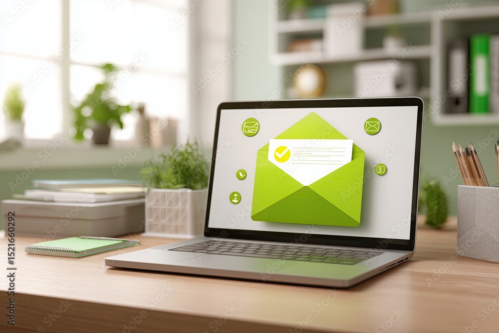Fototapeta premium Laptop on tidy desk displaying email verification screen in a bright modern office setting
