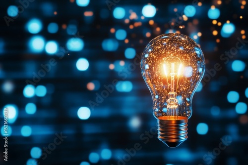 Bright Light Bulb Glowing Against a Backdrop of Blue Bokeh Lights in a Creati...