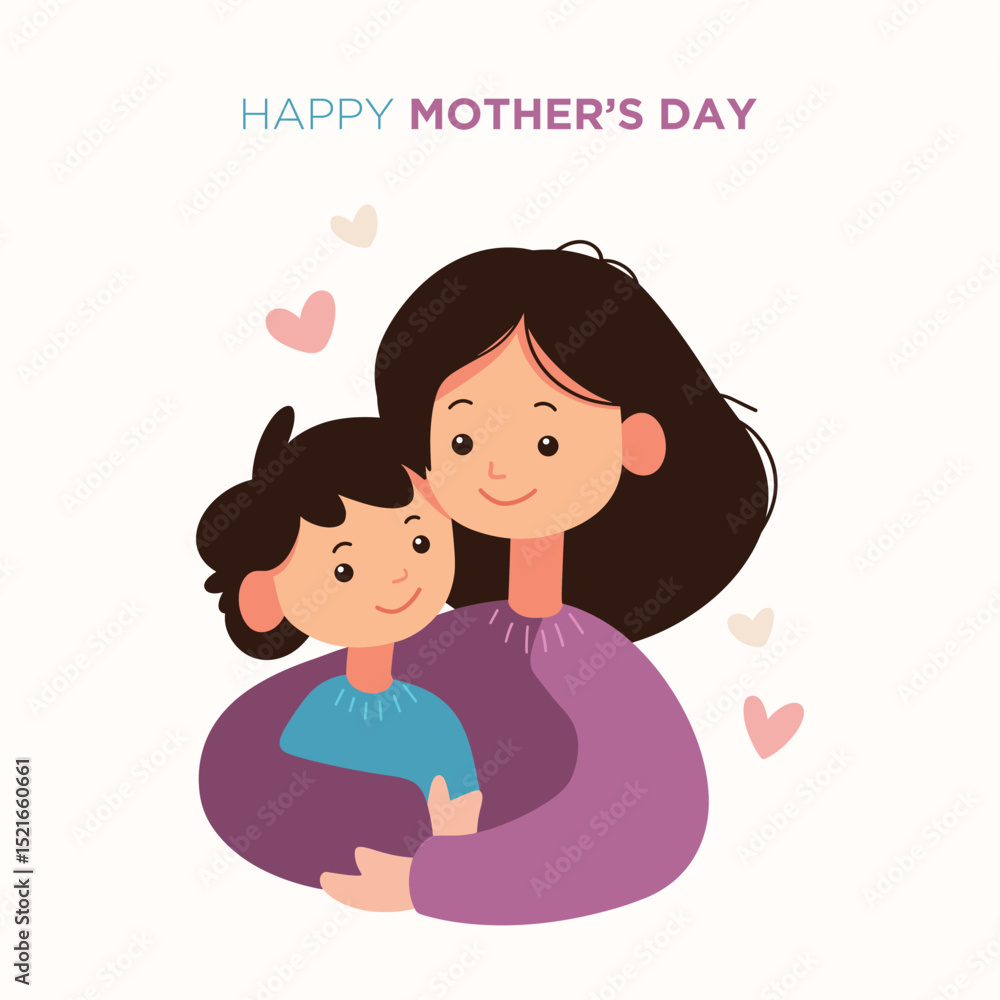 A happy mothers day illustration depicting a loving mother embracing her child with pink hearts. A happy mothers day illustration depicting a loving mother embracing her child with pink hearts.