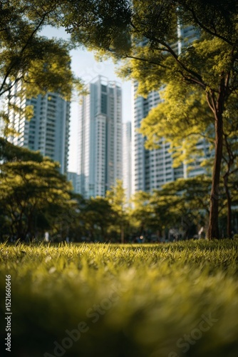Nature Meets Urban Skyline in a Peaceful Green Space on a Sunny Afternoon.