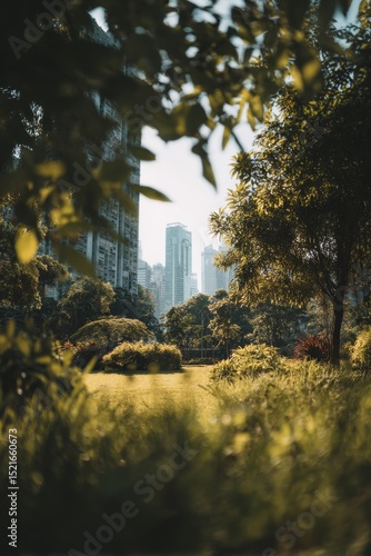 Urban Park in the City Center Framed by Greenery During Golden Hour Sunlight