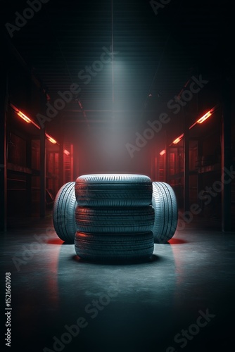 Stacked Tires Arranged in a Dark Industrial Setting With Dramatic Lighting Ef...