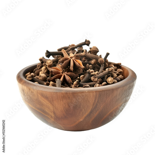 Wooden Bowl of Dried Cloves and Star Anise on transparent background