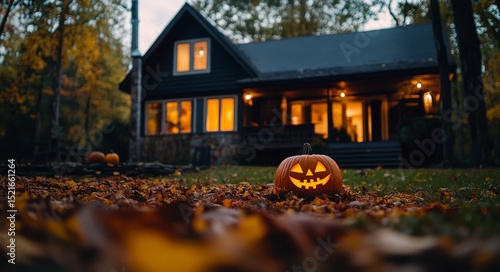 Festive Halloween Decoration With Glowing Pumpkin in Front of a Cozy Home Dur...