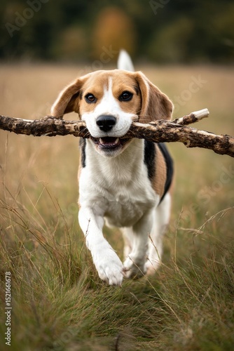 Happy Beagle Retrieves Stick in a Sunny Field During Early Afternoon