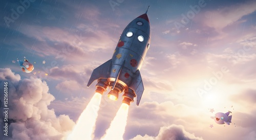 Rocket Launching Into Cloudy Sky with Cartoon Characters