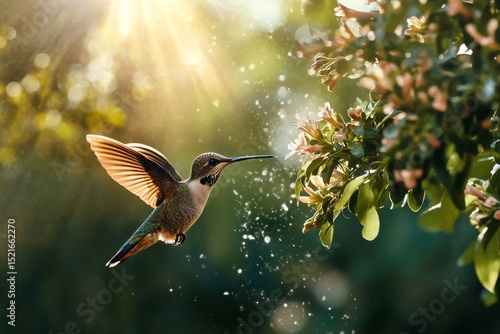 Hummingbird Approaching Bright Hibiscus Flower in Vibrant Garden Setting.