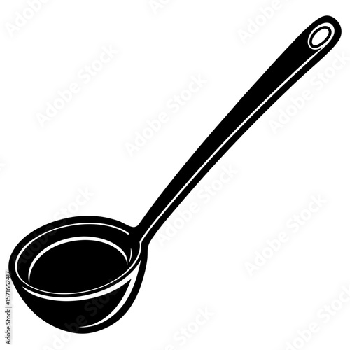 Black and white illustration of a kitchen ladle for cooking and serving