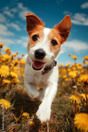 Happy Dog Running Through a Field of Vibrant Yellow Dandelions Under a Clear ...