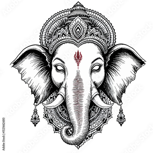 Intricate black and white hand-drawn artistic depiction of the elephant deity ganesha with traditional ornamental details and a sacred symbol on forehead