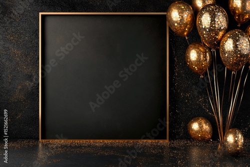 Elegant Black Backdrop With Golden Balloons Creating a Festive Atmosphere for...