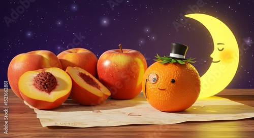 Fruit Still Life with Orange Gentleman and Moon Smiling Under Starry Sky