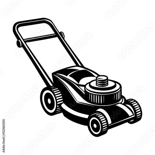 Black and white illustration of a modern lawn mower
