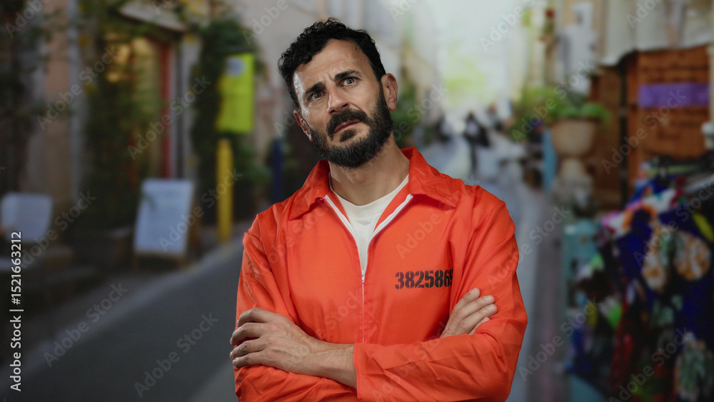 Hispanic man in an orange prison jumpsuit stands thoughtfully on a vibrant street, reflecting outdoors in an urban setting. Hispanic man in an orange prison jumpsuit stands thoughtfully on a vibrant street, reflecting outdoors in an urban setting.