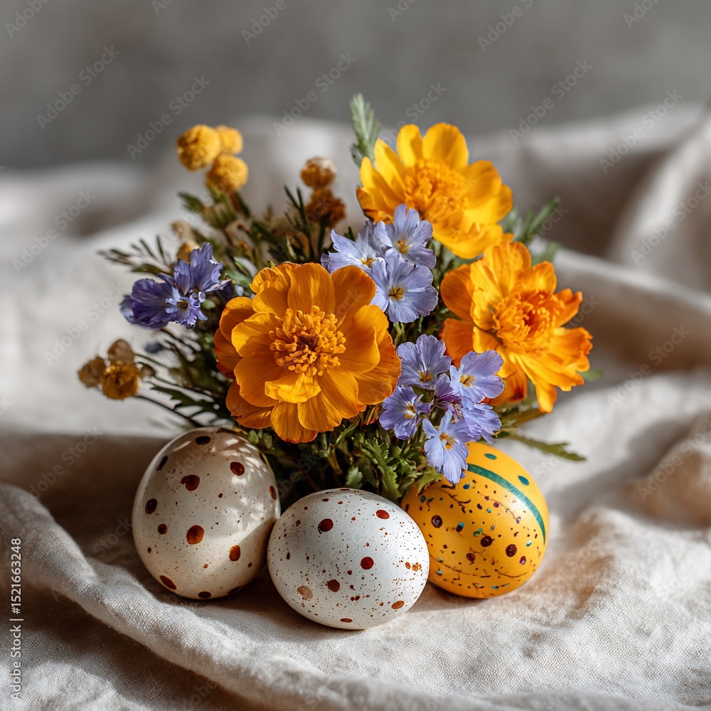 Obraz premium Floral Easter centerpiece dotted eggs rest on cloth
