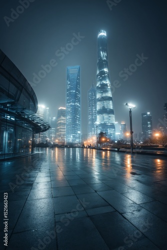 City Skyline Illuminated by Skyscrapers at Night With Reflections on Wet Pave...
