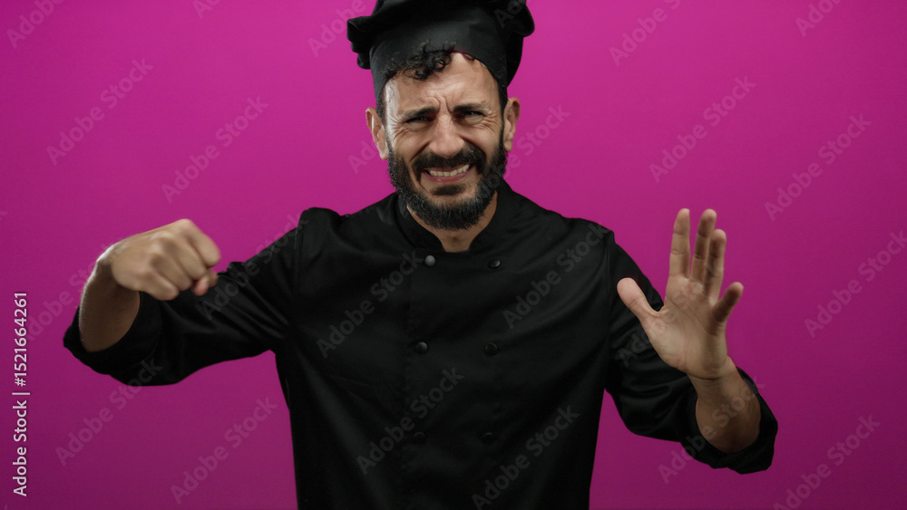 Hispanic bearded man chef gesturing aggressively in black uniform against a vibrant pink background portraying frustration and emotion. Hispanic bearded man chef gesturing aggressively in black uniform against a vibrant pink background portraying frustration and emotion.