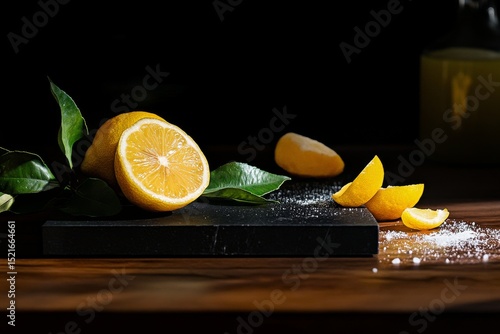 Freshly Cut Lemons With Green Leaves on a Dark Wooden Surface in a Kitchen Se...