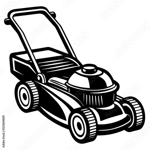 Classic black and white illustration of a lawn mower