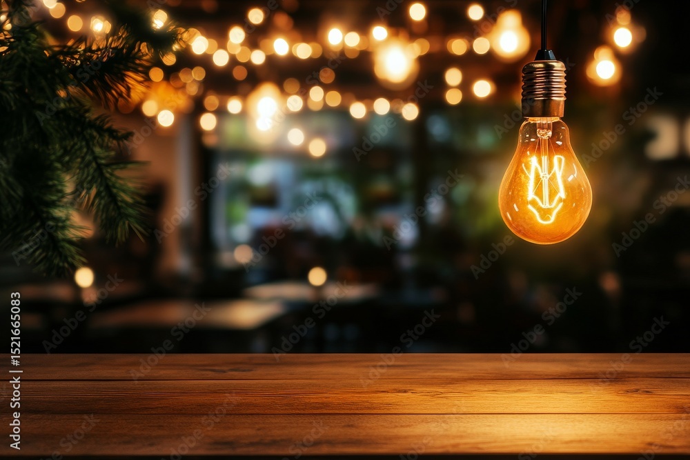 Fototapeta premium Warm Glowing Light Bulb Hanging Over a Wooden Table in an Inviting Garden Setting at Night.