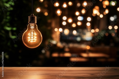 Warm Light Bulb Hangs Over a Rustic Wooden Table in a Cozy Outdoor Dining Are...